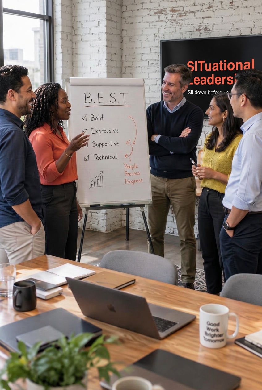 A diverse team in conversation around a B.E.S.T. flip chart during a workshop