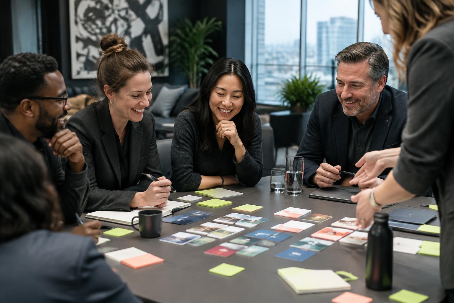 A team laughing and learning together around a workshop table